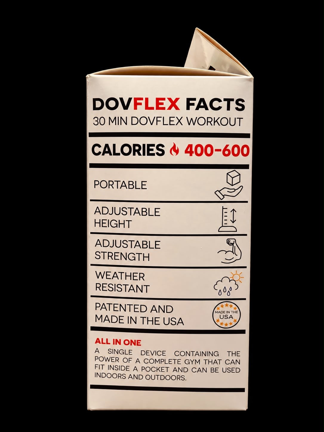 DovFlex facts: 400-600 calories in 30 minutes, portable, adjustable, weather resistant